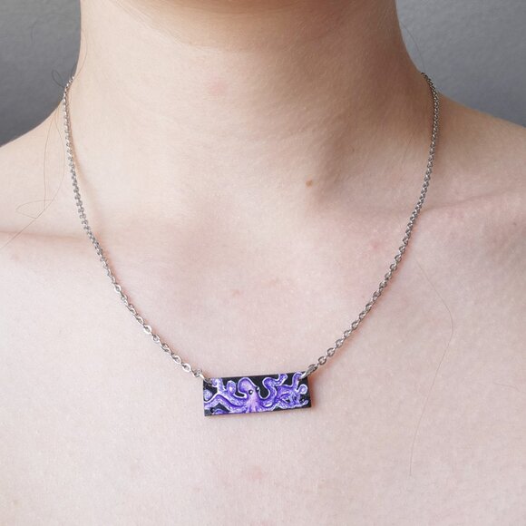 Weirdcore cute octopus rectangle pendant on a small silver chain necklace - Picture 1 of 7